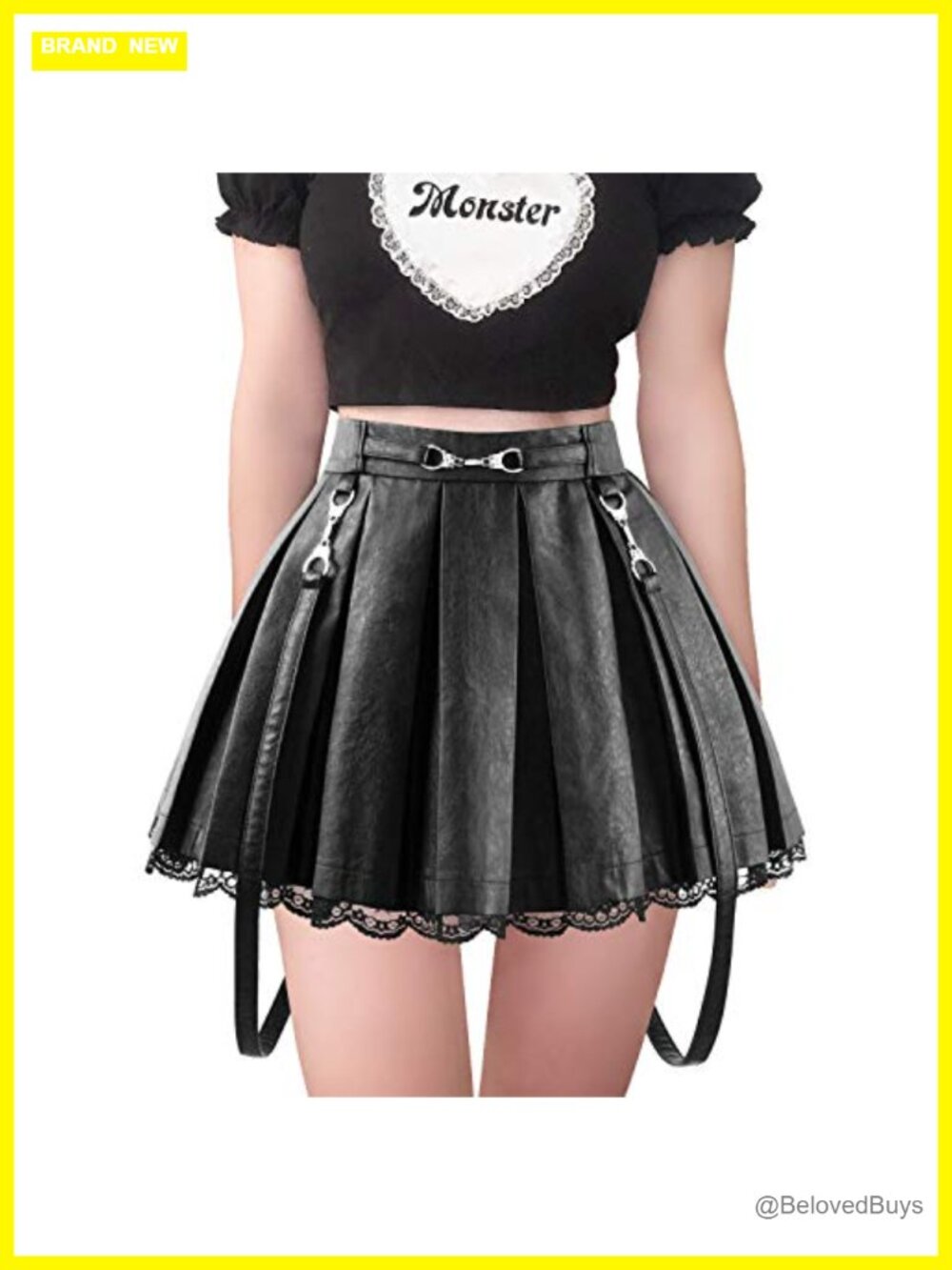 Pleated Faux Leather A-Line Mini Skirt with Straps